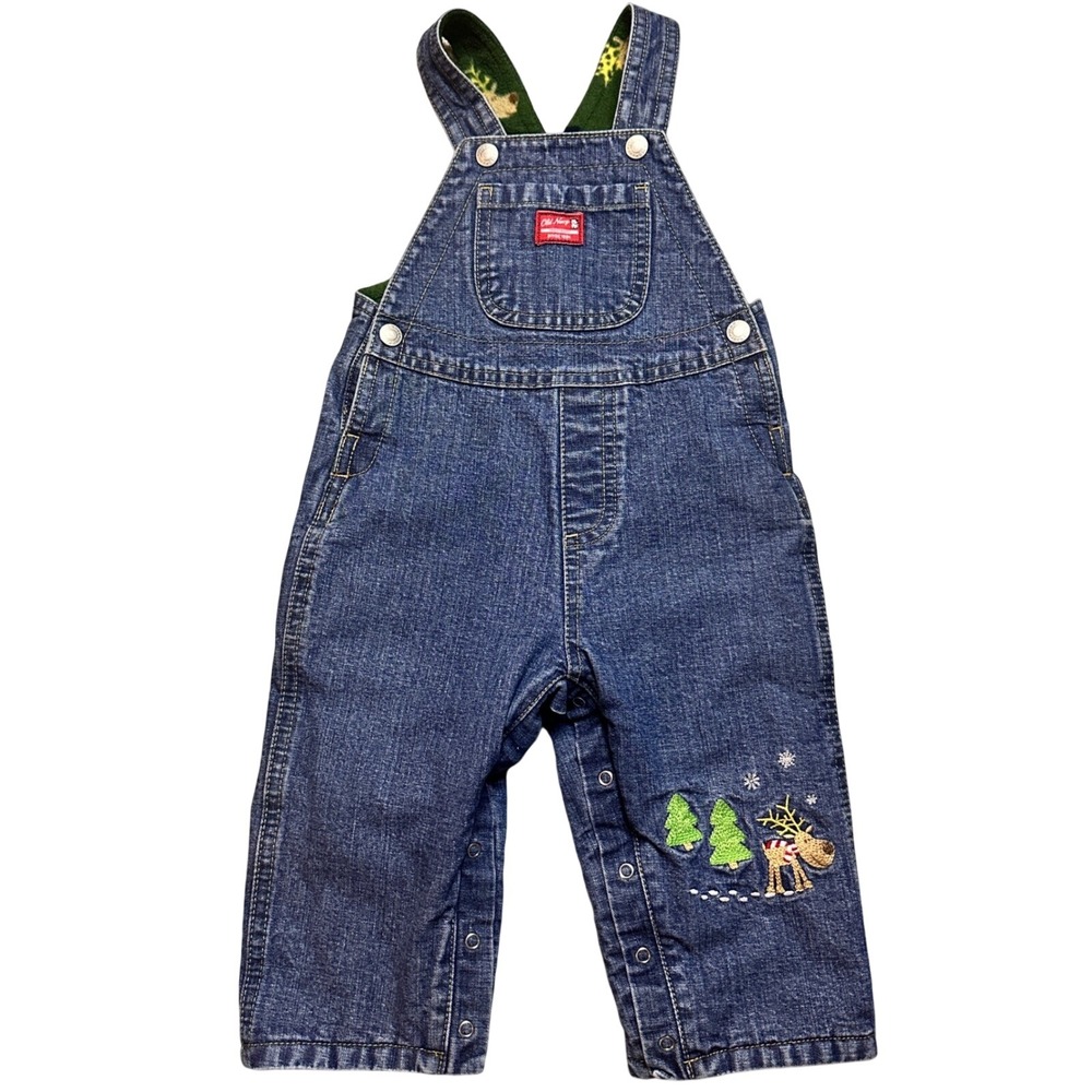 Vtg Old Navy Overalls Holiday Reindeer Embroidered‎ Lined Denim Baby 6-12 Months